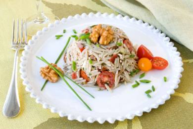 Warm Orzo and Walnut Salad with Garden Vegetables, Chevre and Herbs