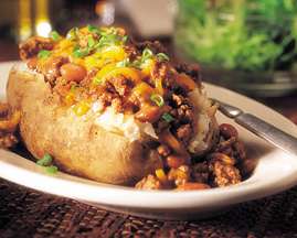 Beef Chili and Cheese Topped Potatoes