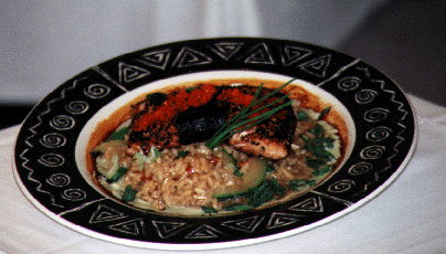Nori Wrapped Salmon with Ginger Scented Risotto and Wasabi Cream